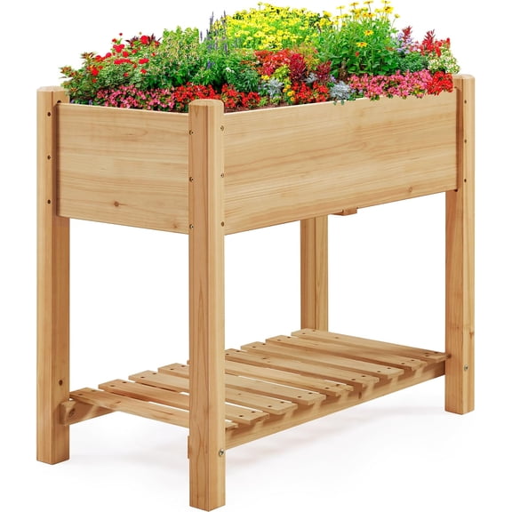 BarefHaven 34" Raised Garden Bed with Legs, Wooden Planter Box, 1Pcs | Elevated wooden planter with sturdy fir wood frame & storage shelf.Saves back & knees.Drainage holes protect plants.
