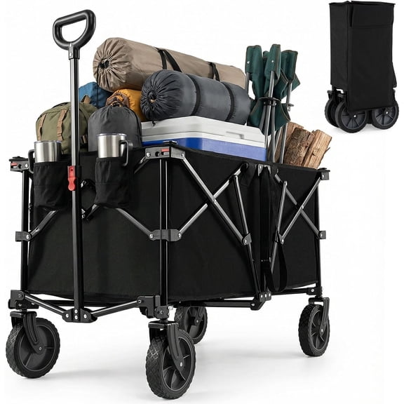 BarefHaven 38" Collapsible Wagon Cart, 400 LBS Heavy-Duty Foldable Beach Wagon with All-Terrain Wheels & 2 Cup Holders, 180 L Portable Utility Cart with Adjustable Handle for Camping, Shopping