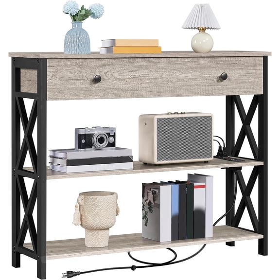 BarefHaven 39.5 Inch Industrial Console Table with Power Outlet, USB Ports, Drawer & Storage Shelves, Narrow Sofa Table for Entryway Hallway,Grey