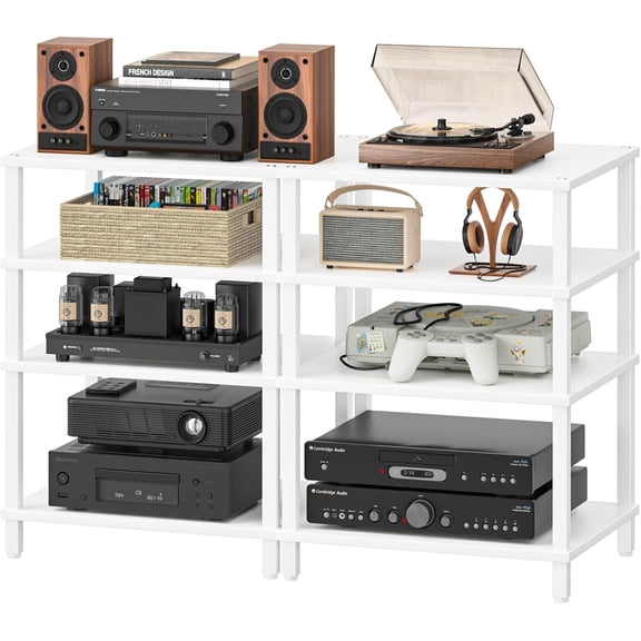 BarefHaven 4-Tier AV Media Player Stand Set of 2, White Stereo Cabinet, Wooden TV Stand,Game Console Shelf, Multifunctional Entertainment Center, Suitable for Home, Conference Room, Game Studio