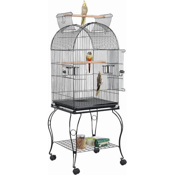 BarefHaven 59-Inch Rolling Standing Medium Dome Open Top Bird Cage for Parrots Cockatiels Sun Conures Parakeets Lovebirds Budgies Finches Canary Pet Bird Cage with Removable Stand