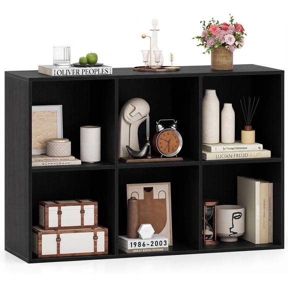 BarefHaven 6-Cube Bookcase, Large Floor Standing Horizontal Bookshelf with 6 Open Shelves & 2 Anti-Tipping Kits, Home Office Wooden Storage Book Shelf for Living Room, Study (Black, 6-Cube)