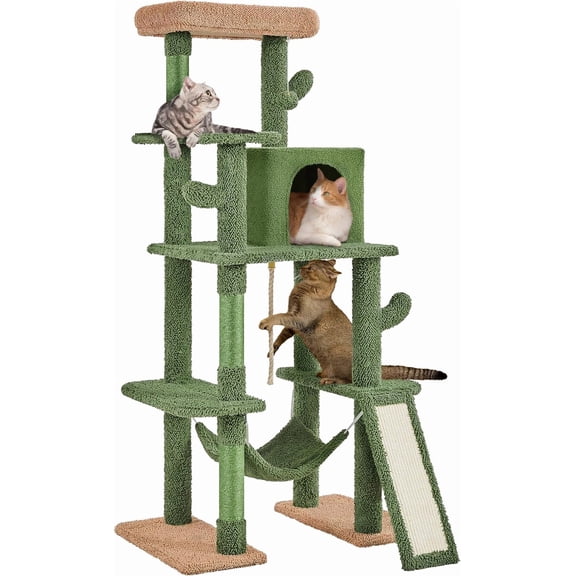 BarefHaven 63in Cactus Cat Tree, Multi-Level Tall Climbing Tower | Aesthetic green tree, stable for active cats with sisal posts, hammock, ramp, moppy plush cover, easy assembly,