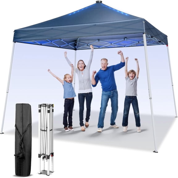 BarefHaven 8x8 Solar Pop Up Canopy Tent with Meteor LED Lights, Blue | Outdoor Instant Shelter with Carry Bag UPF 50+ Sun Protection Waterproof Portable for Camping Backyard Party Beach