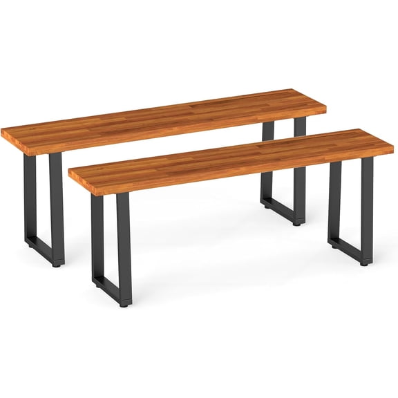 BarefHaven Acacia Wood Outdoor Bench Set of 2, Backless Patio Dining Bench | Robust Metal Frame, Adjustable Foot Pads, 2-Person Garden Bench with Spacious Seat for Porch, Backyard, Deck, Park