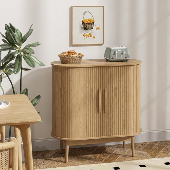 BarefHaven Accent Small Storage Cabine, Buffet Cabinet with Storage, Mid Century Modern Sliding Door Sideboard Cabinet for Kitchen, Entryway (Oak)