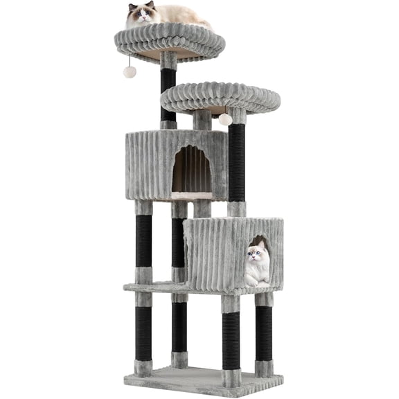 BarefHaven Carpet Cat Tree, 62 Inch Tall Cat Tower with Scratching Posts, 2 Condos, 2 Perch Beds, Dangling Jingle Balls, Soft Flannel Covering, Unique Cat Tree for Indoor Cats