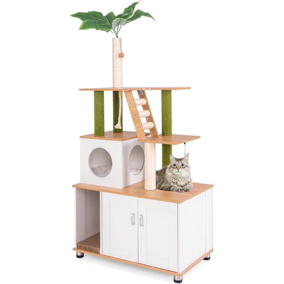 BarefHaven Cat Tree with Litter Box Enclosure, 2-in-1 Cat Tower with Condo, Sisal Scratching Posts, Hanging Rope, Dangling Balls, Scratching Pad, Hidden Litter Box Furniture for Indoor Cats (White)