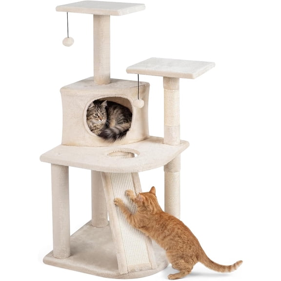 BarefHaven Corner Cat Tree, Multi-Level Cat Tower with Top Perches & Cozy Condo, Natural Sisal Scratching Posts & Climbing Ladder, Playful Cat Hole & Hanging Balls, Kitty Climbing Play Center (Beige)