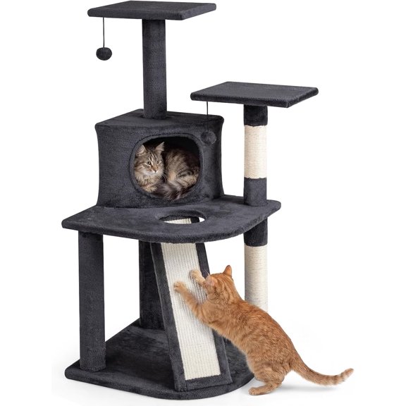BarefHaven Corner Cat Tree, Multi-Level Cat Tower with Top Perches & Cozy Condo, Natural Sisal Scratching Posts & Climbing Ladder, Playful Cat Hole & Hanging Balls, Climbing Play Center (Dark Gray)