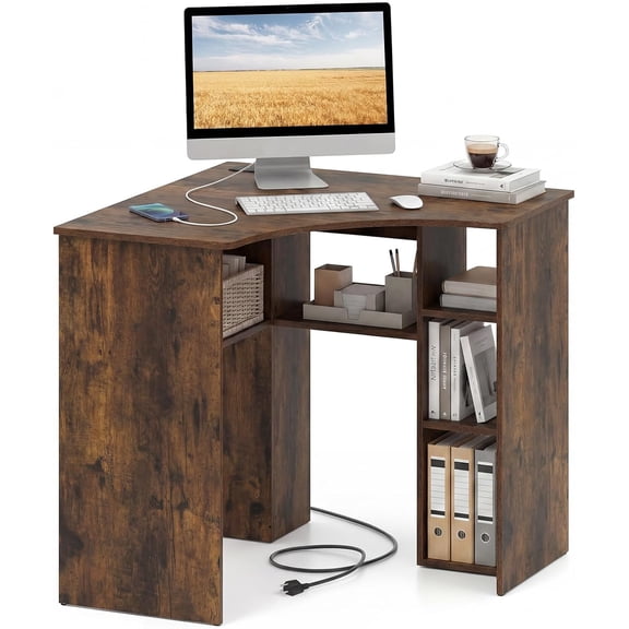BarefHaven Corner Desk with Charging Station, 90-Degree Triangle Computer Desk with Ergonomic Curved Edge & Open Storage Shelves, Writing Study Desk for Small Spaces Home Office