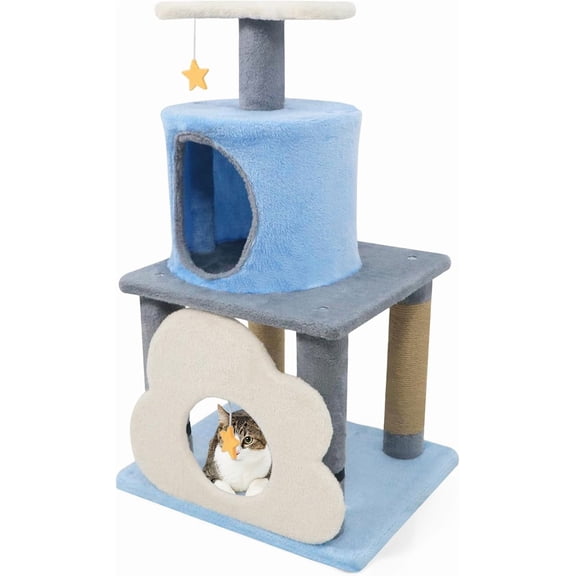 BarefHaven Cute Cat Tree, 31.5 Inch Multi-Level Cat Tower with Jute Scratching Posts, Condo, Top Perch, Hanging Toy, Moon & Star & Cloud-Shaped Accents for Indoor Cats (Blue)