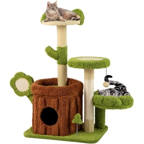 BarefHaven Cute Cat Tree Green Forest, 36 Inch Aesthetic Cat Tower with Sisal Scratching Posts & Board, Trunk Condo, Flower Perch, Plush Napping Bed, Pompom, Spring Toy, Platforms for Indoor Cats