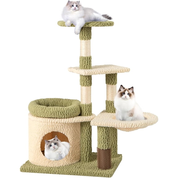 BarefHaven Cute Cat Tree, Multi-Level Aesthetic Kitten Tower with Sisal Scratching Posts, Condo, Bed, Padded Plush Cushion, Self Groomer, Hammock, Perch, Green Small Cat Tree Tower for Indoor Cats