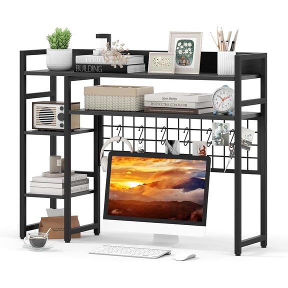 BarefHaven Desktop Bookshelf for Computer 32” Monitor, 37" Countertop Storage Hutch with 4 Open Storage Shelves, Grid Panel, Anti-tip Device, 4-Tier Desktop Display Shelves for Home Office