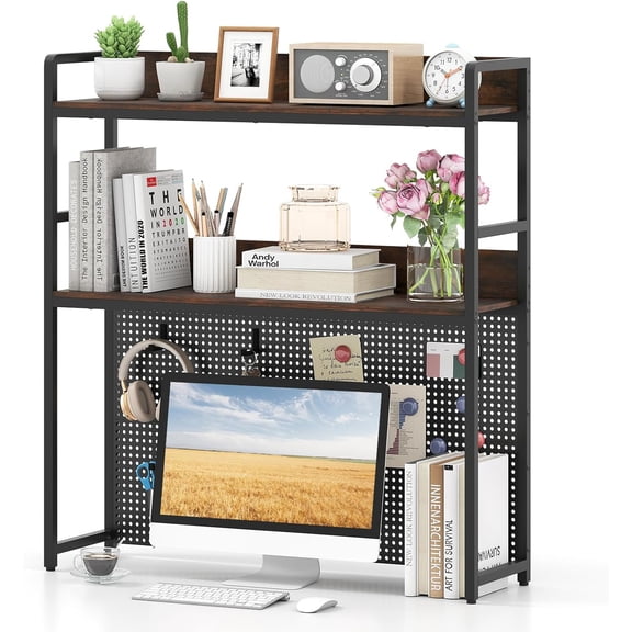 BarefHaven Desktop Bookshelf, Multipurpose 2-Tier Desk Hutch with Pegboard, Industrial Countertop Storage Organizer Rack for up to 32" Computer Monitor, Hutch for Dorm Home Office (Rustic Brown)