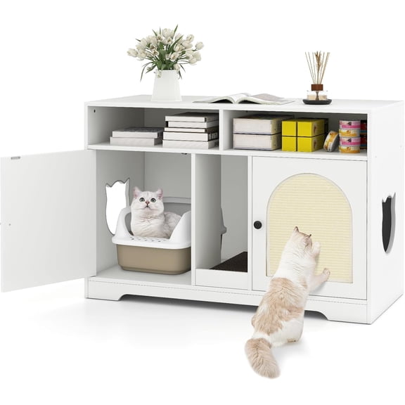BarefHaven Double Litter Box Enclosure, 43 Inch Hidden Litter Box Furniture with Shelves, Removable Scratching Board, 2 Sisal Mats, Large Enclosed Cat Box Enclosure for 2 Cats (White)