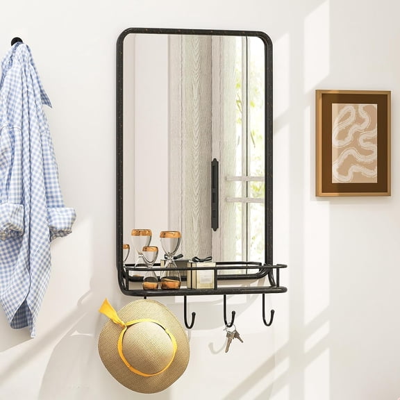 BarefHaven Entryway Mirror with Shelf and Hooks, Wall Mounted Rustic Metal Mirror with Storage Shelf & 4 Hooks, Farmhouse Bathroom Vanity Mirror for Bedroom, Hallway, Living Room Decor