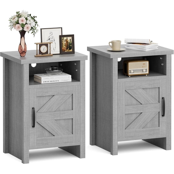 BarefHaven Farmhouse End Tables Set of 2 with Barn Door, Classic Grey