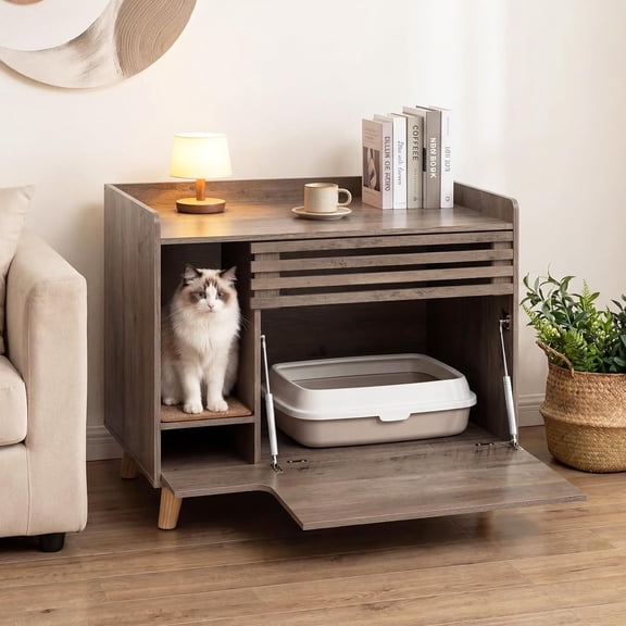 BarefHaven Farmhouse Litter Box Enclosure, Cat Litter Box Furniture Hidden with Flip-Down Opening Door, Scratching Mat, 31.5 Inch Wooden Cat Washroom Side Cabinet with Storage for Indoor Cats (Brown)