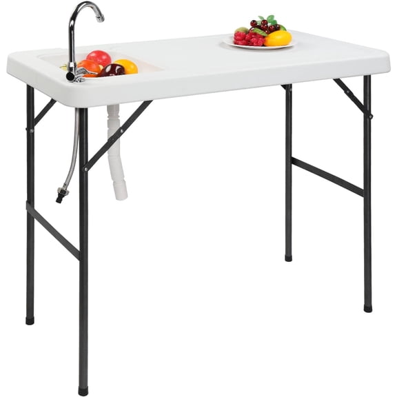 BarefHaven Fish Cleaning Table, Portable Folding Camping Table, 45" HDPE Outdoor Fish Cleaning Station with Sink, 360 Stainless Steel Faucet, Drainage Hose, Working Platform for Camping