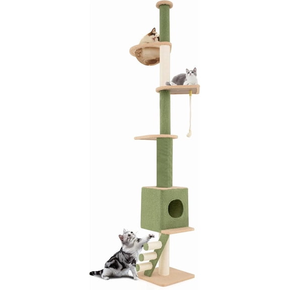 BarefHaven Floor to Ceiling Cat Tree, 5 Tier Tall Cat Tower with 86-99.5 Adjustable Height, Extra Replaceable Post, Tension Cat Tree with Space Capsule, Condo, Sisal Scratching Posts & Rope, Ladder