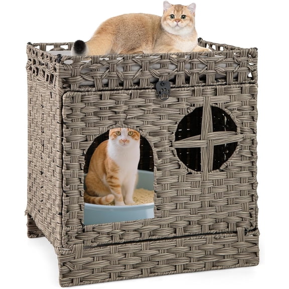 BarefHaven Foldable Rattan Cat Litter Box Enclosure, Hidden Litter Box with Litter Mat, 2 Tier Wicker Cat Condo with Flip-Down Door & Window, Elevated Top Bed with Removable Cushion, Indoor Pet House