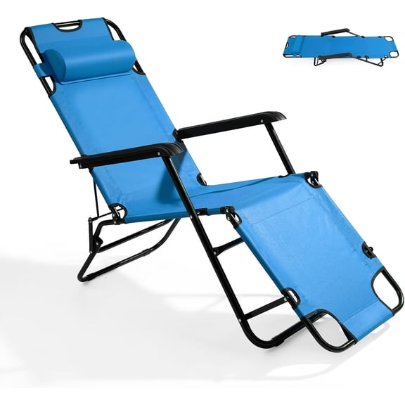 BarefHaven Folding Chaise Lounge Chair with Pillow, Adjust to Recline Bed | Outdoor Adjustable Recliner Chair for Camping, Beach, Poolside, Garden, Backyard, Lawn Blue