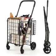 BarefHaven Folding Shopping Utility Cart, Double Basket and 360  Swivel Wheels, Adjustable Handle, Small Cart Perfect for Grocery Laundry Book Luggage Travel