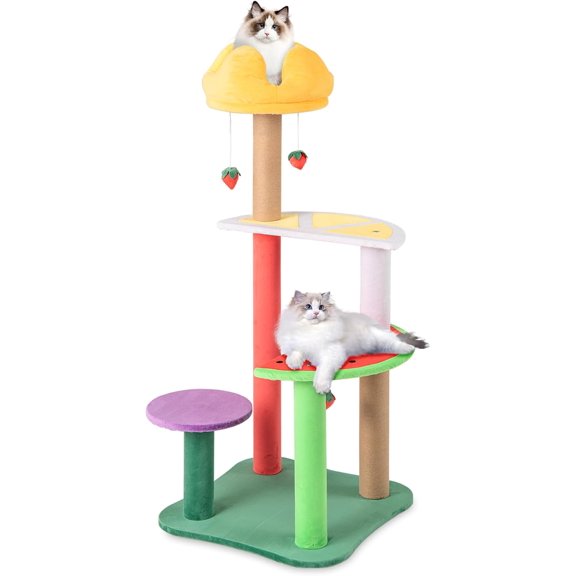 BarefHaven Fruit Cat Tree, Multi-Level Cute Cat Tower with Scratching Posts, Padded Top Perch, Strawberry Dangling Balls, Watermelon & Lemon Shaped Platform, Chic Cat Tree for Indoor Cats