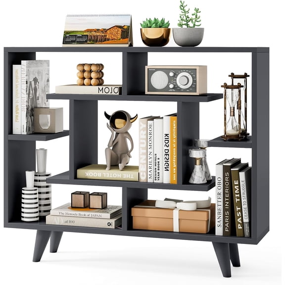 BarefHaven Geometric Bookshelf, 3 Tier Modern Freestanding Open Bookcase with Anti-Tipping Devices & Legs, Home Office Decorative Storage Organizer Display Shelf for Living Room Study (Dark Grey)