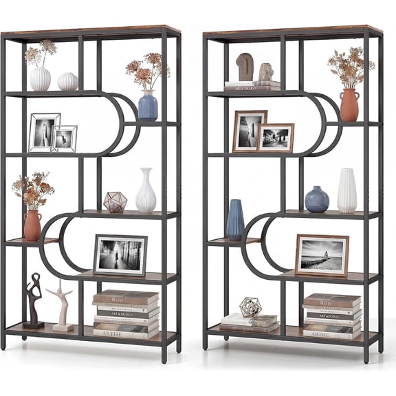 BarefHaven Geometric Bookshelf, Freestanding Open Bookcase with 8 Storage Shelves, Industrial Display Rack with Double U Frame & Anti-tip Kits for Living Room Home Office (2,Black+Rustic Brown)