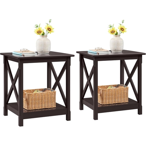 BarefHaven Heavy Duty X-Side 20 x 18 Inch End Table Set of 2, Espresso | Two Matching Dark Finish Tables, MDF Holds 79 lb Each, Pinewood Legs, 16 Inch Shelf Below, Compact 22.5 Inch Living Room Fit