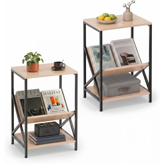 BarefHaven Industrial Side Table, 3-Tier Accent End Table with Small Book Record Shelve, Metal Frame, Scratch-Resistant Top, Small Bookcase, Record Player Stand for Living Room, Bedroom (2, Beech)