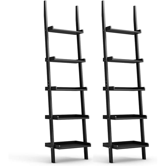 BarefHaven Ladder Shelf, 5-Tier Multifunctional Modern Wood Plant Flower Book Display Shelf, Home Office Storage Rack Leaning Ladder Wall Shelf (Black, 2)