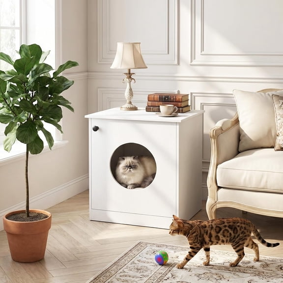 BarefHaven Litter Box Enclosure, 22 Inch Modern Hidden Cat Litter Box Furniture with Front Entry Door, Multifunctional Wooden Cat Washroom, Indoor Cat House Side Table (Wood-Grain White)