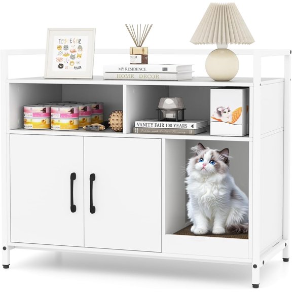 BarefHaven Litter Box Enclosure, Enclosed Cat Box Cabinet with 2 Storage Compartment, Metal Frame, Scratching Board, Hidden Cat Washroom, Modern Litter Box Furniture for Indoor Kittens