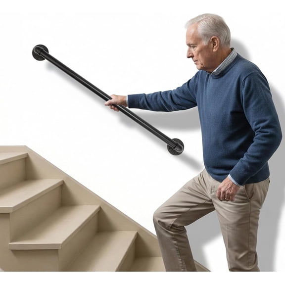 BarefHaven Metal Industrial Stairs, Heavy Duty Support for Indoor Outdoor | Black Grab Wall Handrail Staircase Steps, Hand Rail Safety Bar Handle, Exterior Deck Stairs Bars Wall Elderly Frame Pipe