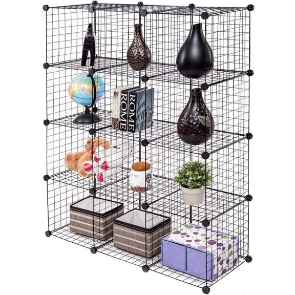 BarefHaven Metal Wire Cube Storage, 12-Cube Stackable Free Standing Cubby Storage Organizer Shelf, Modular Shelving Grids, DIY Bookcase Closet Wardrobe Organization Storage Cubes