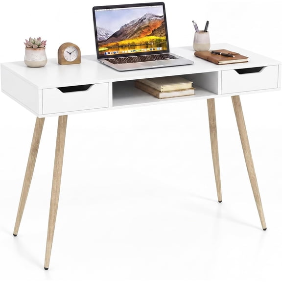 BarefHaven Mid Century Modern Desk, Simple Computer Desk with 2 Drawers & Open Center Storage, White Writing Desk Vanity Table, Small Wooden Study Table for Home Office & Compact Spaces