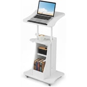 BarefHaven Mobile Lectern Podium, Height Adjustable Podium Stand, Standing Sit-to-Stand Desk, Rolling Cart Laptop Desk with Swivel Top Movable Wheels & Storage