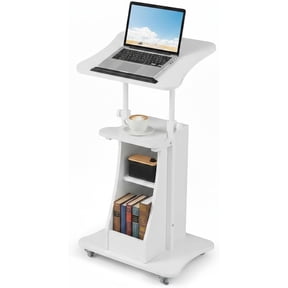 BarefHaven Mobile Lectern Podium, Height Adjustable Podium Stand, Standing Sit-to-Stand Desk, Rolling Cart Laptop Desk with Swivel Top Movable Wheels & Storage
