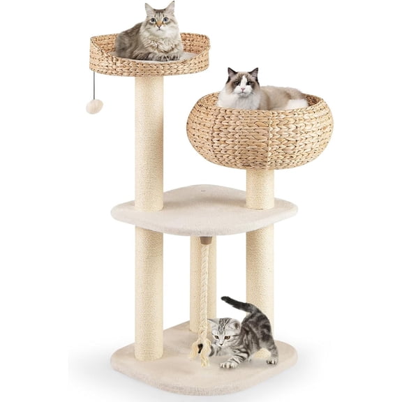 BarefHaven Modern Cat Tree, Tall Cat Tower with Natural Sisal Scratching Post, Hand-Made Wicker Cat Condo & Top Perch, Funny Hanging Toy Ball, Cute Cat Tree Tower for Indoor Cats