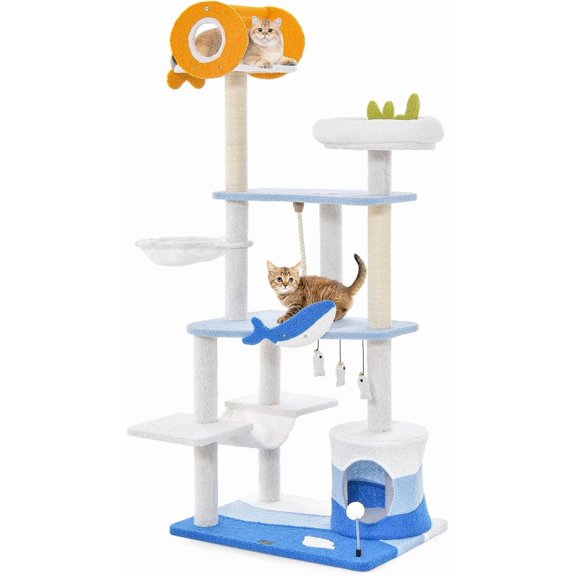 BarefHaven Ocean-Themed Cat Tree, 3-Level Cat Tower with Sisal Scratching Posts, Condo, Perch, Hammock, Dangling Toys, Spring Ball, Sisal Rope, Cute Cat Activity Center for Indoor Cats (66 Inch)