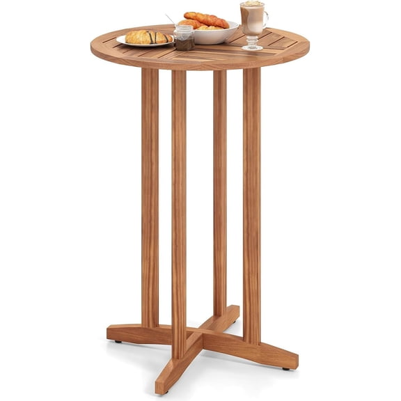 BarefHaven Outdoor Acacia Wood Bar Table, 39" Patio Bar Height Round Table with Slatted Tabletop, High Top Bistro Dining Table, Pub Height Round Table for Garden, Deck, Porch and Yard