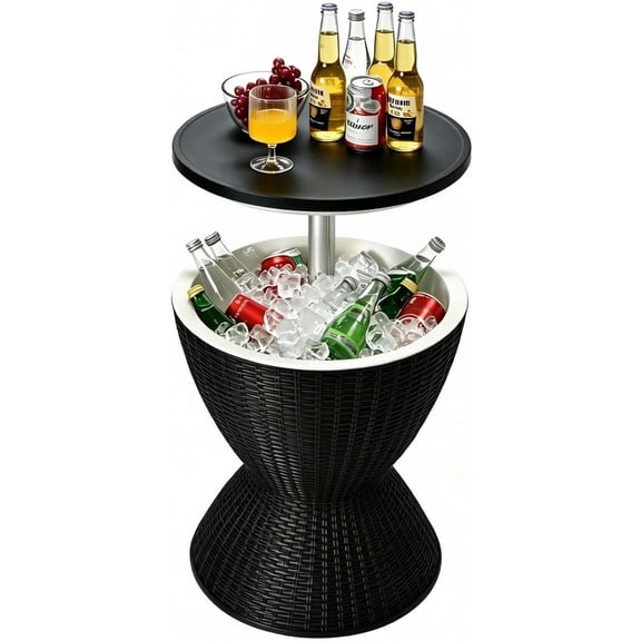 BarefHaven Outdoor Cooler Table, Multi-Functional Cooler Bar Table, Adjustable Height Ice Cooler Side Table w/Drain Plug, 8 Gallon Beer & Wine Cooler, Rattan Style Patio Furniture for Pool Parties