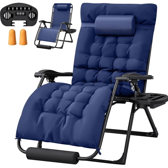 BarefHaven Oversized Zero Gravity Chair, 32In Recliner Lounge Chair with Removable Soft Cushion and Cup Holder, Adjustable Anti Gravity Chair Folding Patio Chairs Padded for Indoor and Outdoor, Blue