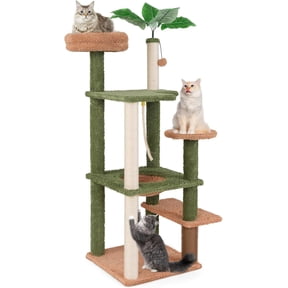 BarefHaven Plant Cat Tree, 60 Inch Green Aesthetic Cat Tower with Sisal Scratching Posts, Artificial Leaves, Perch, Hammock, Self Groomer, Rope, Pompom Ball, Cute Cat Tree Tower for Indoor Cats