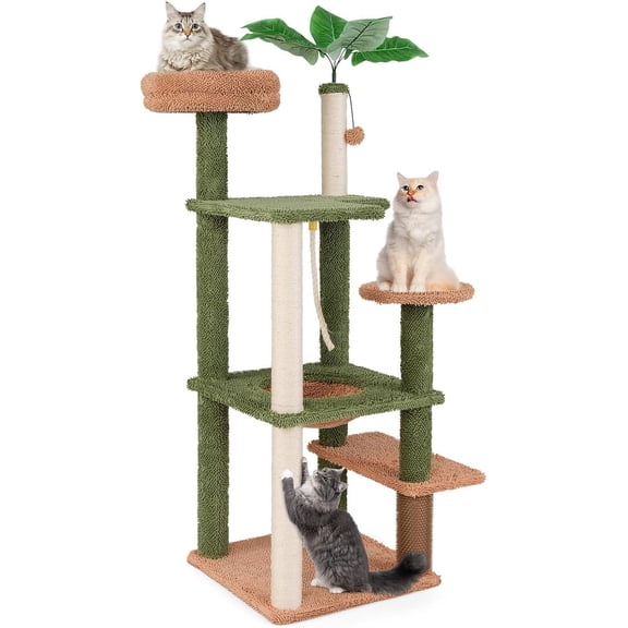 BarefHaven Plant Cat Tree, 60 Inch Green Aesthetic Cat Tower with Sisal Scratching Posts, Artificial Leaves, Perch, Hammock, Self Groomer, Rope, Pompom Ball, Cute Cat Tree Tower for Indoor Cats
