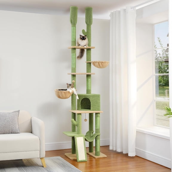 BarefHaven Road Adjustable Cactus Cat Tree 85–112" 7-Tier Floor-to-Ceiling Tower | cactus shape, floor to ceiling, 85"-112" adjustable,7-tier climbing center,no drill
